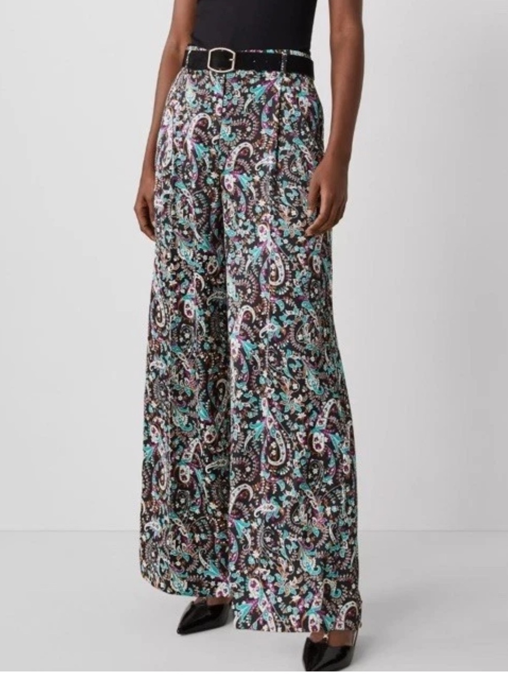 Ann Taylor Pleated Wide Leg Pants Paisley Floral Black Purple Teal Womens 8P NWT